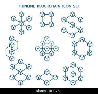 Blockchain line icons. Vector block chain linear icon set, structural data and events blocks technology, 3d cubes structure elements Stock Vector
