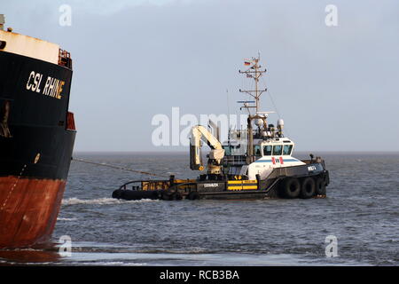 The harbor tug Wulf 4 operates on 30 December 2018 in front of the port of Cuxhaven on the Elbe. Stock Photo