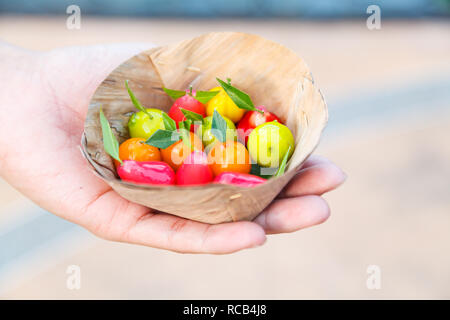 Luk Chup (Look choop, Look Chub), Traditional Colorful Thai dessert derived from marzipan, use green beans (mung beans) as main ingredient. It is mold Stock Photo