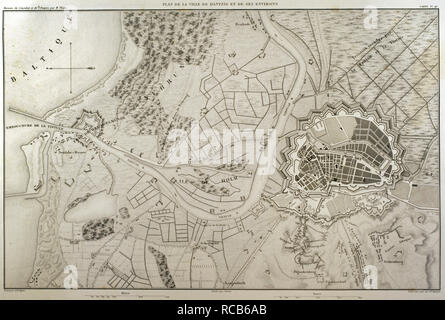 Napoleonic map. City of Gdansk and its surroundings (current Poland). Atlas de l'Histoire du Consulat et de l'Empire. History of the Consulate and the Empire of France under Napoleon by Marie Joseph Louis Adolphe Thiers (1797-1877). Drawings by Dufour, engravings by Dyonnet. Edited in Paris, 1864. Stock Photo