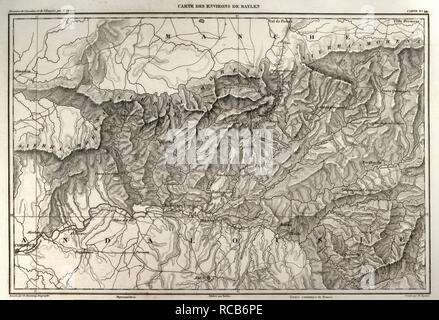 Napolenic map. Surrounding of the town of Bailen (province of Jaen, Andalusia, Spain). During the War of Spanish Independence it took place a battle in Bailen, the first defeat of the French army, 19 th July, 1808. Atlas de l'Histoire du Consulat et de l'Empire. History of the Consulate and the Empire of France under Napoleon by Marie Joseph Louis Adolphe Thiers (1797-1877). Drawings by Dufour, engravings by Dyonnet. Edited in Paris, 1864. Stock Photo
