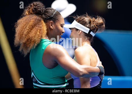 Melbourne, Australia. 15th Jan, 2019. Tennis: Grand Slam, WTA-Tour, Australian Open in Melbourne, Women, Individual, 1st round, Maria (Germany) - S. Williams (USA): The US-American Serena Williams (l) comforts the German Tatjana Maria after her clear defeat in the first round. Credit: Frank Molter/dpa/Alamy Live News Stock Photo