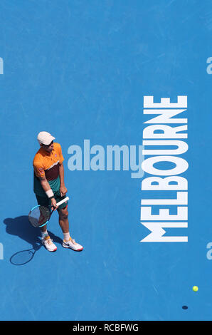 Melbourne, Australia. 15th Jan, 2019. Kei Nishikori of Japan competes during the men's first round match against Kamil Majchrzak of Poland at the 2019 Australian Open in Melbourne, Australia, Jan. 15, 2019. Kei Nishikori won 3-2. Credit: Bai Xuefei/Xinhua/Alamy Live News Stock Photo