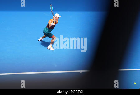 Melbourne, Australia. 15th Jan, 2019. Kei Nishikori of Japan competes during the men's first round match against Kamil Majchrzak of Poland at the 2019 Australian Open in Melbourne, Australia, Jan. 15, 2019. Kei Nishikori won 3-2. Credit: Bai Xuefei/Xinhua/Alamy Live News Stock Photo