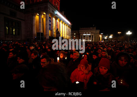 (190115) -- WARSAW, Jan. 15, 2019 (Xinhua) -- People march in commemoration of Pawel Adamowicz, the late Mayor of the Polish port city of Gdansk, in center of Warsaw, Poland, Jan. 14, 2018. The UN refugee agency, UNHCR, said Monday it is 'deeply shocked and saddened' to hear that Pawel Adamowicz has died after being stabbed at a charity event. Adamowicz launched the Gdansk 'Immigrant Integration Model' in 2016, a model that has inspired other Polish cities, said the UN agency. The agency wrote in February 2018 that the Gdansk Model is a comprehensive program to help refugees and mi Stock Photo