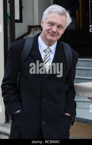 London, UK. 15th Jan, 2019. David Davis MP, former Brexit Secretary, leaves the British Academy after speaking at the launch of the 'A Better Deal' pamphlet with DUP Leader Arlene Foster, Dominic Raab MP and Lord Lilley. The pamphlet sets out proposals for an alternative EU withdrawal agreement. Credit: Mark Kerrison/Alamy Live News Stock Photo