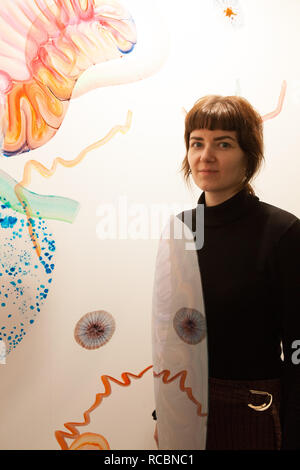 London, UK. 15th January, 2019. Artist Simone Albers with her installation at the London Art Fair 2019 which takes place at the Business Design Centre, Islington, from 16-20 January. Credit: Anna Watson/Alamy Live News Stock Photo