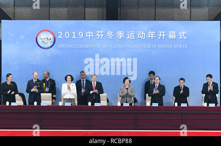 (190115) -- BEIJING, Jan. 15, 2019 (Xinhua) -- Chinese Vice Premier Sun Chunlan and Finnish President Sauli Niinisto attend the opening ceremony of the 2019 China-Finland Year of Winter Sports in Beijing, capital of China, Jan. 15, 2019. (Xinhua/Shen Hong) Stock Photo