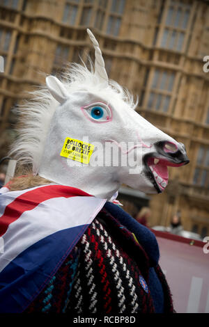 Westminster, London, UK. January 15th 2019. Demonstrations outside the Houses of Parliament as MPS vote on PM Theresa May's Brexit deal. A unicorn protests. Credit: Jenny Matthews/Alamy Live News Stock Photo
