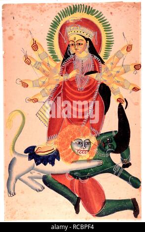 Durga on her lion. c.1865. Durga on her lion trampling on Mahishasura. Watercolour. Kalighat style.  Originally published/produced in c.1865 . Source: Add.Or.3345,. Stock Photo