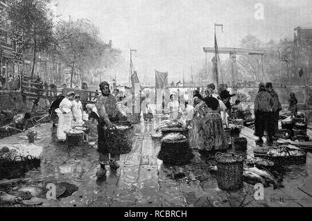 Fish market in Amsterdam, Netherlands, historical wood engraving, 1886 Stock Photo