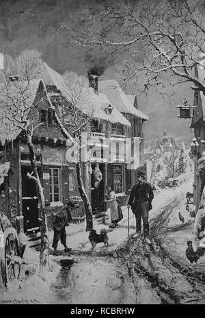 Journeyman on the journey in winter, historical engraving, 1880 Stock Photo