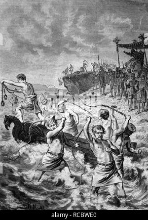 Xerxes giving the sea a whipping after the building of a bridge in the ...