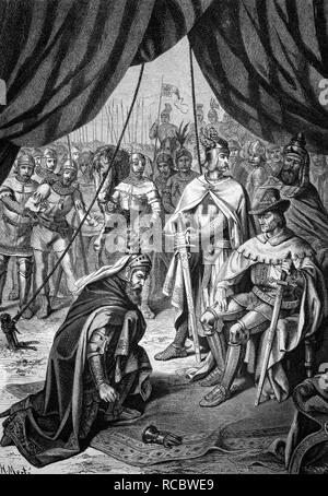 King Ottokar of Bohemia, bowing himself to the Emperor Rudolph of Hapsburg, Ottokar Premysl, also known as Premysl Ottokar, Stock Photo
