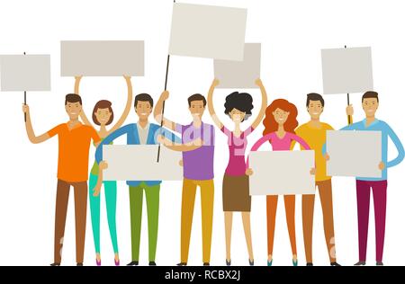 Crowd of happy people with posters on the procession. Parade, public activity concept. Vector illustration Stock Vector