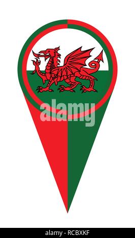 Red white and green Welsh map pointer pin icon location flag marker Stock Vector