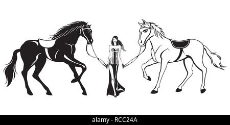 Woman in evening dress leads two racing horses - vector illustration Stock Vector