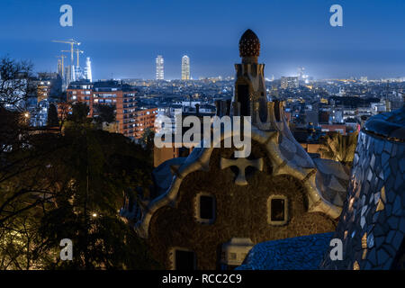 Barcelona/Spain - 23 April 2018: View on the Park Guell gingerbread lodge from the hill Stock Photo