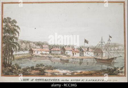 A flag flying above six stone houses seen across a river, with a ship and a boat sailing in the foreground and forests in the background. VIEW of OSWEGATCHEE on the RIVER ST. LAURENCE. July 1765. July 1765. Watercolour over graphite. Source: Maps K.Top.121.78.2. Language: English. Stock Photo