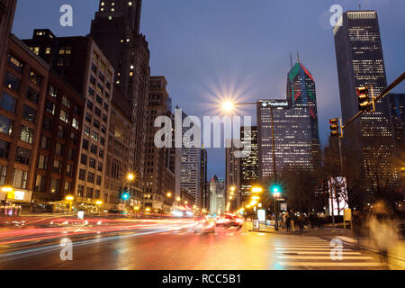 Night scenery of Chicago downtown skyline in Millennium Park, Chicago, Illinois USA Stock Photo