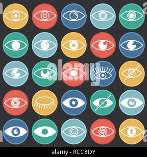 Eye icons set on color circles black background for graphic and web design, Modern simple vector sign. Internet concept. Trendy symbol for website design web button or mobile app. Stock Vector