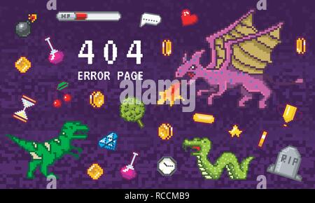 404 Error page not found. Pixel art 8 bit objects. Retro game assets. Set of icons. Vintage computer video arcades. Vector illustration. Background for web site. Stock Vector