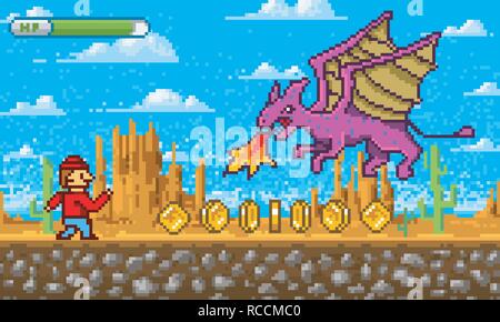 Game scene. Pixel art 8 bit objects. Platformer video interface. Retro location. Clouds, mountains, dragon and character. Vintage computer video arcades. Vector illustration. Background for web site. Stock Vector