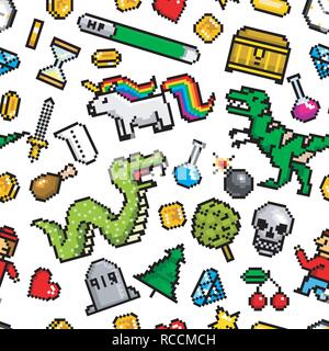 Pixel art 8 bit objects Seamless pattern. Retro game assets. Set of icons. Vintage computer video arcades. Characters dinosaur pony rainbow unicorn snake dragon monkey and coins, Winner's trophy. Stock Vector