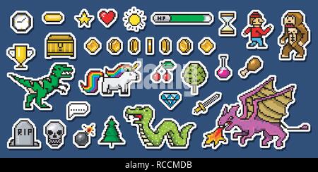 Pixel art 8 bit objects. Retro game assets. Set of icons. vintage computer video arcades. characters dinosaur pony rainbow unicorn snake dragon monkey and coins, Winner's trophy. vector illustration. Stock Vector