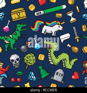 Pixel art 8 bit objects Seamless pattern. Retro game assets. Set of icons. Vintage computer video arcades. Characters dinosaur pony rainbow unicorn snake dragon monkey and coins, Winner's trophy. Stock Vector
