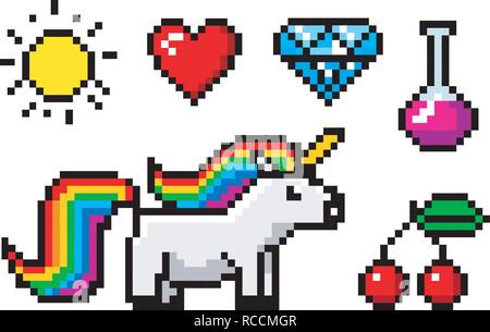 Pixel art 8 bit objects. Character unicorn and trophy. Retro game assets. Set of icons. vintage computer video arcades. vector illustration. Stock Vector