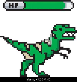 Pixel Dinosaur, art 8 bit objects. Retro game assets. Set of icons. Vintage computer video arcades. Vector illustration. Stock Vector