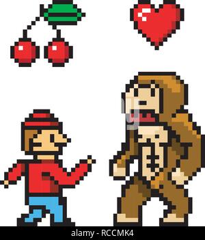 Pixel art 8 bit objects. Character Monkey Cherry and Heart. Retro game assets. Set of icons. vintage computer video arcades. Vector illustration. Stock Vector