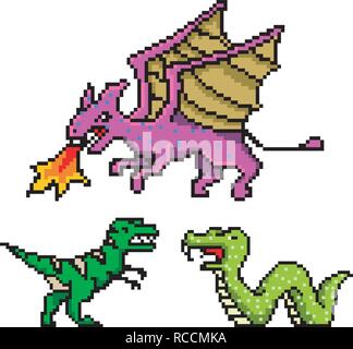 Arte de pixel de dinossauro. Tiranossauro pixelizado. Dino jogos retro. 8.  imagem vetorial de MaryValery© 146074705