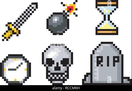 Pixel art 8 bit objects. Skull and bomb, grave and clock. Retro game assets. Set of icons. Vintage computer video arcades. Vector illustration. Stock Vector