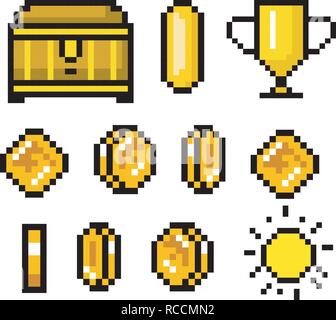Pixel art 8 bit objects. Retro game assets. Set of icons. vintage computer video arcades. Coins and trophy. vector illustration. Stock Vector