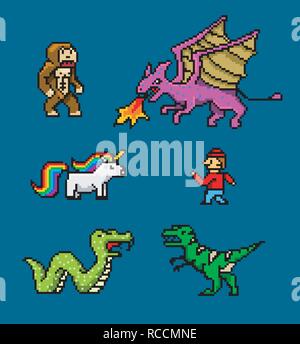 Pixel art 8 bit objects. Retro game assets. Set of icons. vintage computer video arcades. characters dinosaur pony rainbow unicorn snake dragon monkey and coins, Winner's trophy. vector illustration. Stock Vector