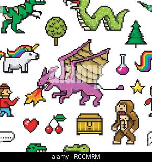 Pixel art 8 bit objects Seamless pattern. Retro game assets. Set of icons. Vintage computer video arcades. Characters dinosaur pony rainbow unicorn snake dragon monkey and coins, Winner's trophy. Stock Vector