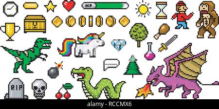 Pixel art 8 bit objects. Retro game assets. Set of icons. Vintage computer video arcades. Characters dinosaur pony rainbow unicorn snake dragon monkey and coins, Winner's trophy. Vector illustration. Stock Vector