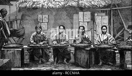 Tea sorters in China, historical illustration, wood engraving, circa 1888 Stock Photo