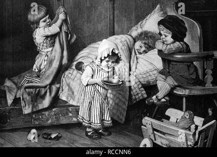 Children playing doctor and patient, historic wood engraving, about 1897 Stock Photo