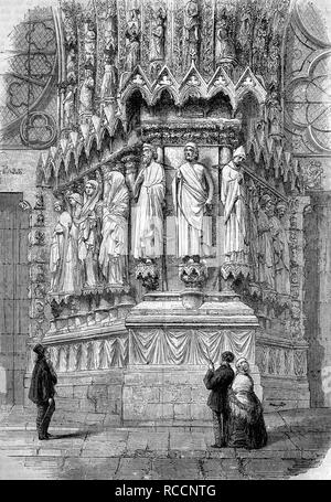 Portal of Reims Cathedral, France, historical wood engraving, circa 1888