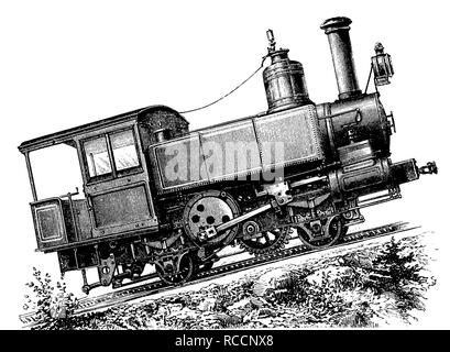 Cog railway based on the Riggenbach rack system, historical wood engraving, circa 1888 Stock Photo