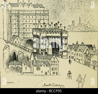 . The Dover road : annals of an ancient turnpike. Horses; Dover road (England). 6 THE DOVER ROAD was destroyed with pick and shovel. In previous ages there were gates both at the London and the Southwark ends, and on these fortified gateways. ^ouf^ GaTeiJj-. Old Lon^n &quot;^r'l (^e were stuck the heads of many traitors to the State and martyrs to reUgious opinions. The heads of Sir Wilham Wallace, Jack Cade, Bishop) Fisher of Rochester, Sir Thomas More, and of many another, were once to be seen here ; and in Queen Elizabeth's time, when John Visschcr made a drawing of London. Please note that Stock Photo