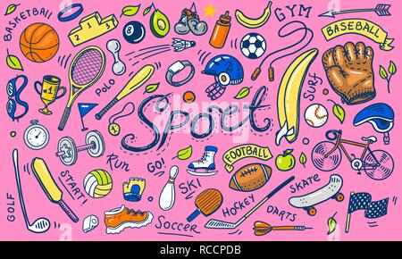 Set of sport icons doodle style. Equipment for fitness and training. Symbols of health and activity. Tennis and football, basketball. Games for the gym and physical education. Background for web site. Stock Vector