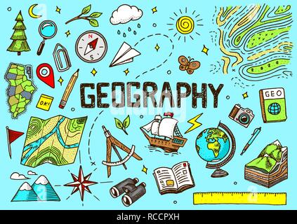 Set of geography symbols. Equipments for web banners. Vintage outline ...