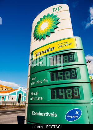 LISBON, PORTUGAL - FEB 10, 2018: View from below of BP British Petroleum totem showing all gas prices at modern station on the streets of Lisbon - fuel and diesel prices Stock Photo