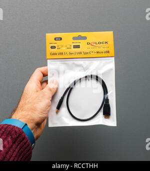 PARIS, FRANCE - JAN 23, 2018: Man holding USB 3 Gen 2.1 USB Type-C to Micro USB against gray background black and white adapter Stock Photo