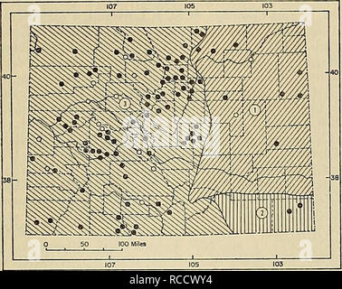 . Distribution of mammals in Colorado. Mammals. 1972 ARMSTRONG: COLORADAN MAMMALS 277. Fig. 100. Distribution of Mustela jrenata in Colo- rado. 1. M. f. longicauda. 2. M. f. neomexicana. 3. M. /. nevadensis. For explanation of symbols, see p. 9. ada southward to northern Bolivia. In Colo- rado, long-tailed weasels occur statewide, from lowest elevations to well above timber- line in the mountains. They are to be found in forested areas, open woodlands, on the open plains, or in alpine situations. Quick (1951) discussed food habits of M. frenata in Gunnison County. Feeding be- havior was descri Stock Photo