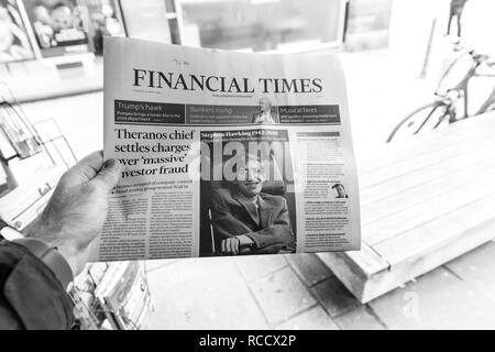 PARIS, FRANCE - MAR 15, 2018: International newspaper Financial Times with portrait of Stephen Hawking the English theoretical physicist, cosmologist dead on 14 March 2018 Stock Photo